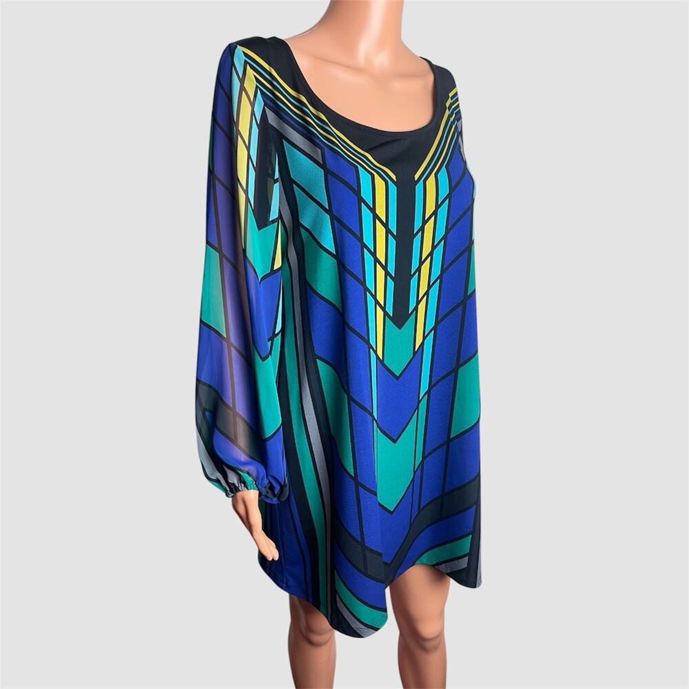 Style&Co Scoop Neck Long Sleeves Stretch Dress Sleeve Tunic Top Large Blue Green
